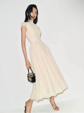 Reformation Maven Drop Waist Mock Neck Midi Dress Fior Di Latte Cream Size 0